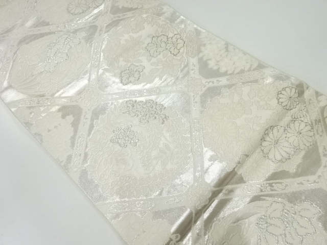 JAPANESE KIMONO / ANTIQUE FUKURO OBI / SILK / WOVEN TASUKI LATTICE & FLORAL ROUNDEL CREST
